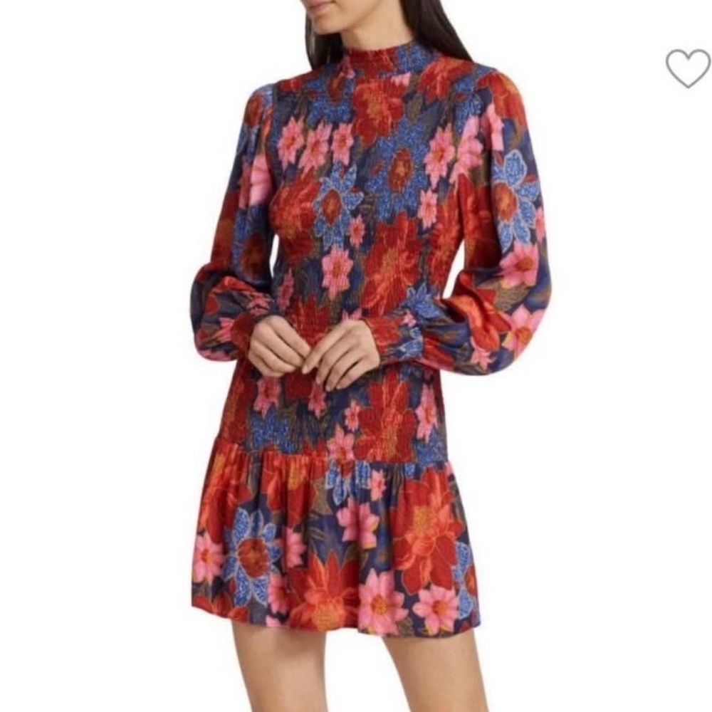 FARM Rio Garden Navy Smocked Mini Dress with Ballon Sleeve High Neck- Medium NWT